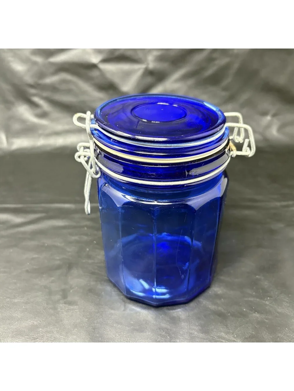 Cobalt Blue Jar Glass Storage Holder With Attached Wire Locking Lid 5 1/2” Tall